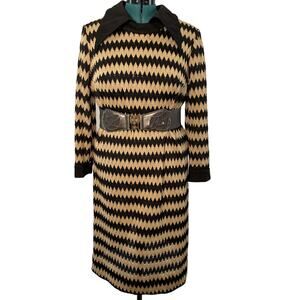 Vintage 1970s Grace Taylor Knit Dress Black & Gold Chevron, Peter Pan Collar M/L